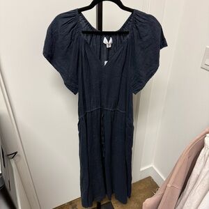 Velvet Pepper Linen Drawstring Dark Blue Midi Dress